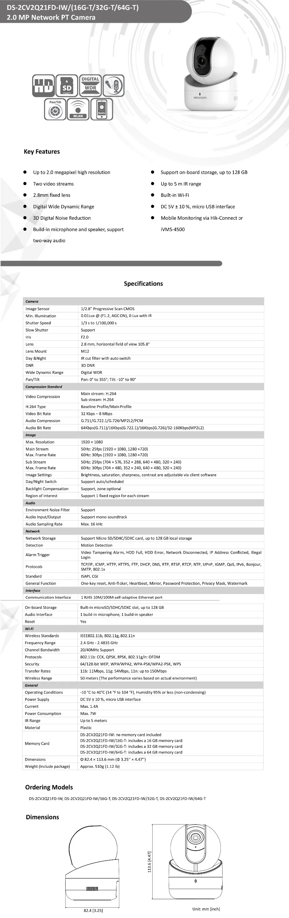 Hikvision DS-2CV2Q21FD-IW 2,0 МП сетевая камера pt Встроенный микрофон динамик Wifi Детский Монитор ip-камера