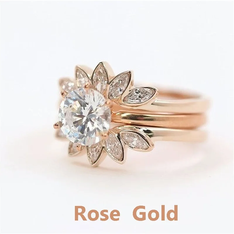 rose gold ROMAD 3 шт./компл. листья кольцо на палец для обручального кольца для Для женщин изысканное кольцо комплект, подарок на день Святого Валентина, ювелирный золотой, Серебряный/розовый цвет золотистый R4 - Цвет основного камня: rose gold