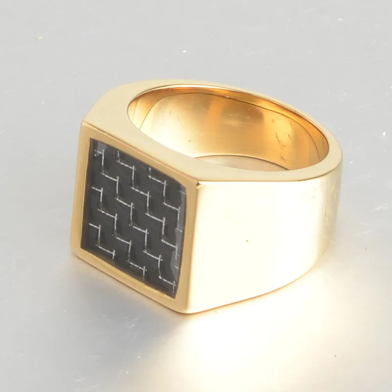 

New Arrival Gold/Silver-Color Square Carbon FiberMen Jewelry Stainless Steel Rings High Polished Signet Solid Dropp Shipping