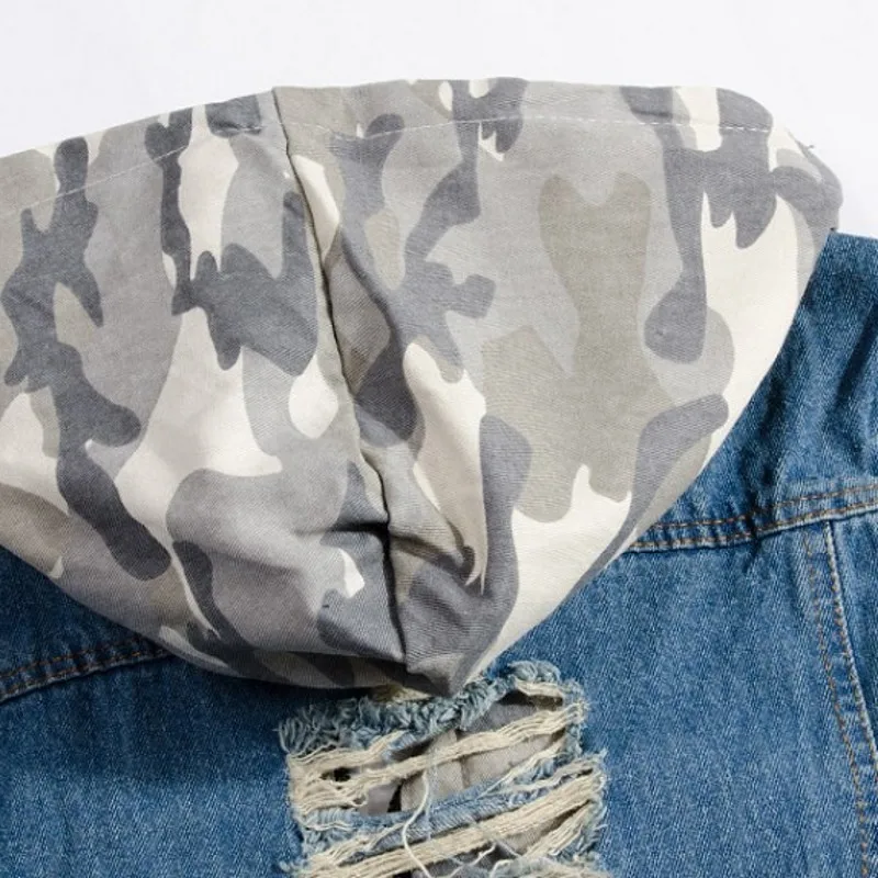 

New Fashion Camouflage Hooded Vests Men Streetwear Hole Ripped Slim Vintage Mens Denim Coat Casual Sleeveless Jacket Man Outwear