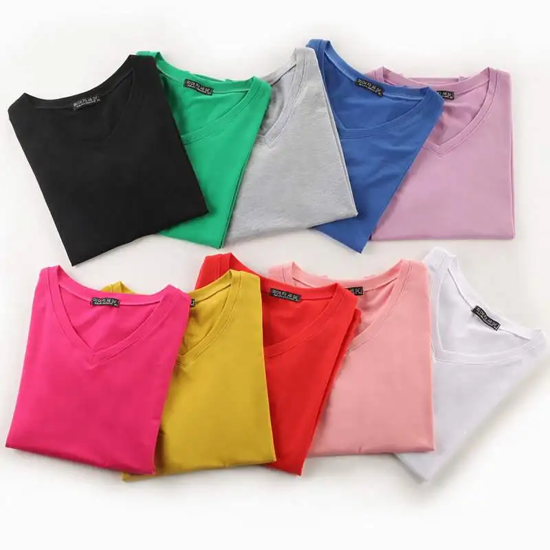 new 2019 spring summer Women cotton tops tees t-shirts short sleeve Casual tunic basic shirt t candy color V-neck green | Женская одежда