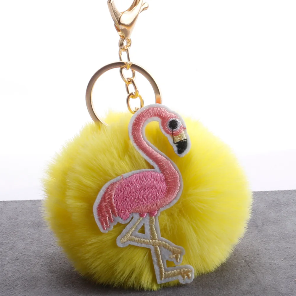 Cute Fluffy Fake Fur Pom Knitting Flamingo Key Chain Women Trinket Car Ring Keychain Jewelry Gift fluffy keychain on bag | Украшения и