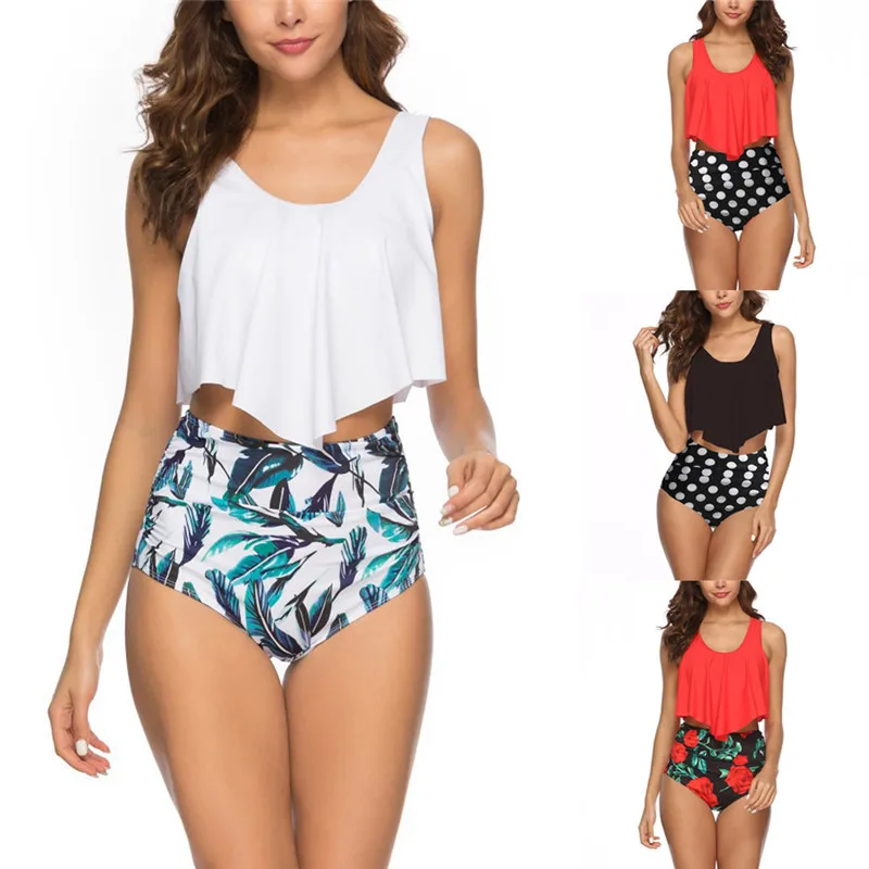Женский купальник бикини с высокой талией тропический цветочным принтом в стиле
