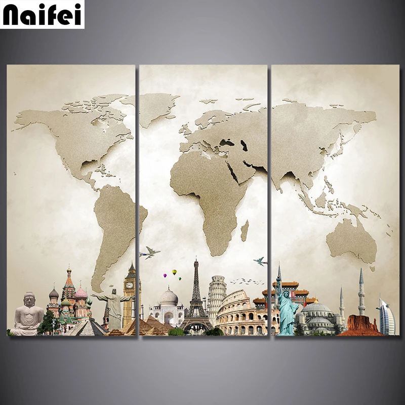 

5D DIY Diamond Painting 3pcs/set world map cross kits diamond embroidery tower Religions Diamond Mosaic Christmas gift