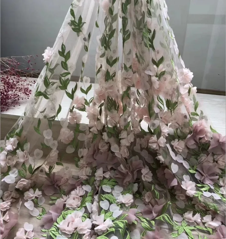 1 ярд персиковая розовая 3d кружевная ткань с шифоном кутюр тяжелая ручной работы