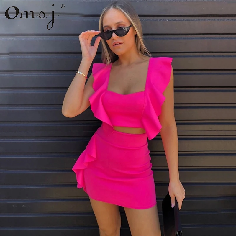 OMSJ 2021 جديد نمط الشاطئ 3 ألوان المرأة فستان صيفي النيون الوردي الأخضر البرتقالي الكشكشة المحاصيل توب + تنورة صغيرة مثير ملابس النادي الليلي