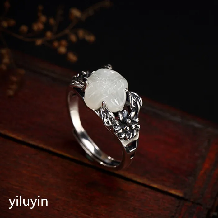 KJJEAXCMY boutique jewelry S925 Sterling Silver retro Thai silver natural Hetian jade white inlaid lotus flower lady openin | Украшения и