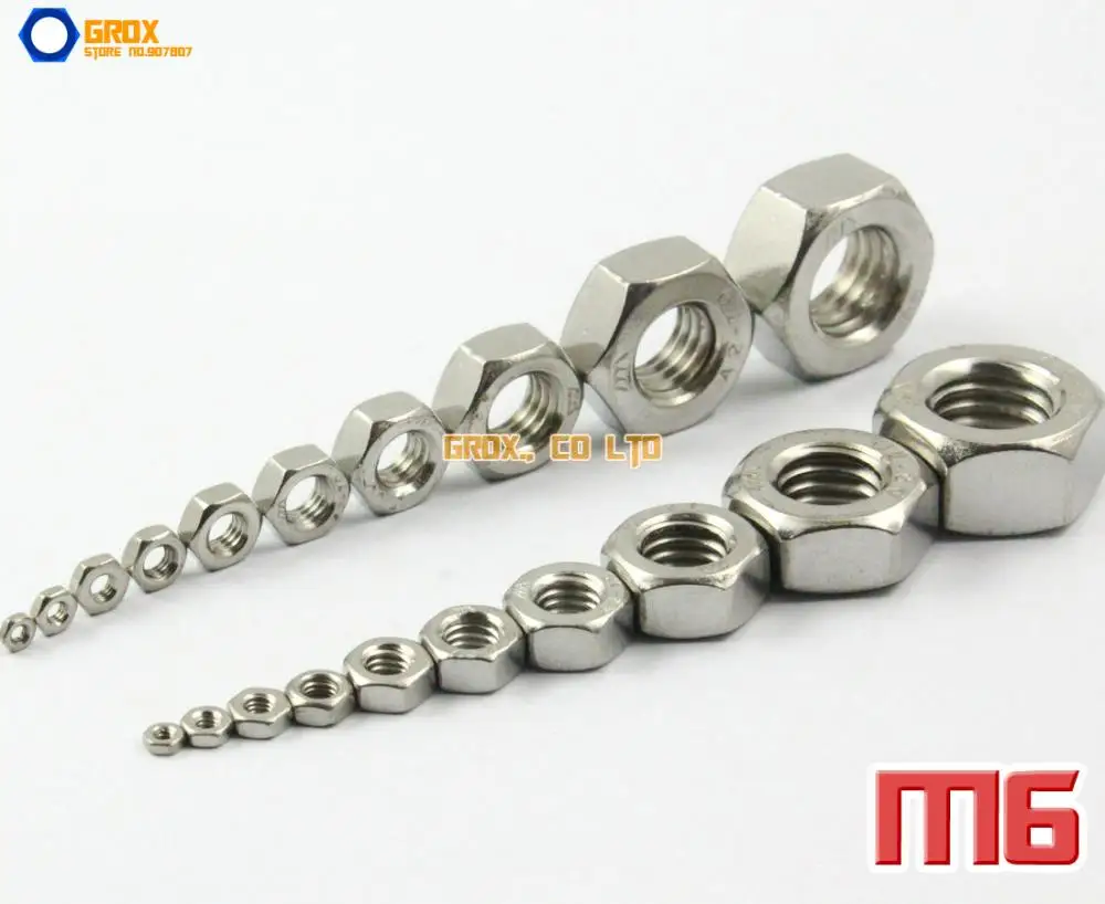 

100 Pieces M6 304 Stainless Steel Metric Thread Hexagon Full Nuts DIN 934