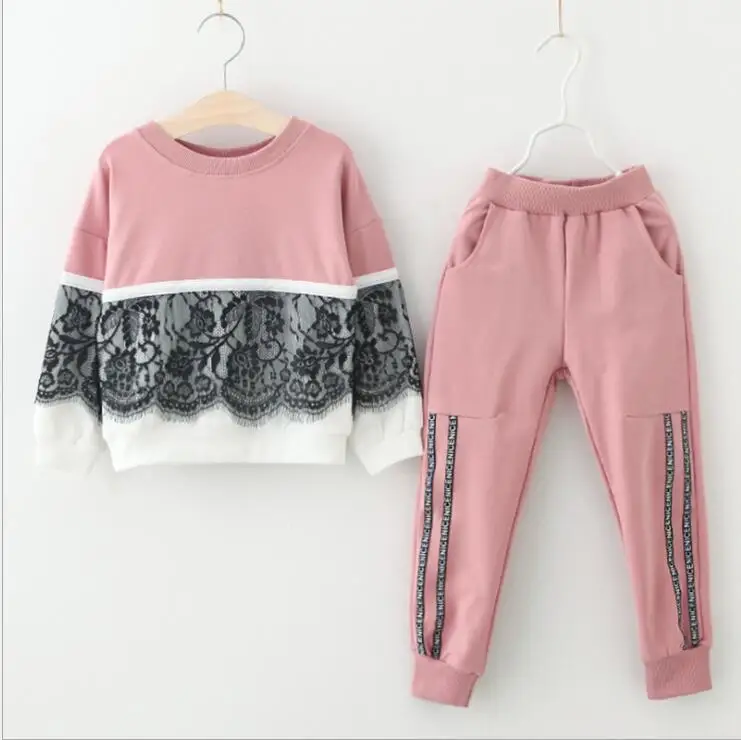 Autumn and Winter 2019 New Kidsɽress Dress Girls' Lace Stitching Sanitary Suit Alphabetic Pants Kids'Two-piece | Детская