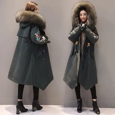 Army green Зимняя куртка для женщин натуральный мех воротник мужские парки вышивка с капюшоном Стеганое пальто теплый Fit Abrigos Mujer Invierno 1636 - Color: Army green