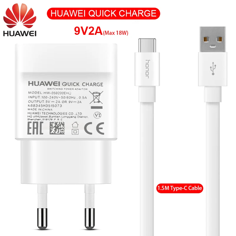 Оригинальное зарядное устройство huawei P30 lite type C кабель P20 lite type-C быстрое зарядное устройство USB C кабель 1,5 м 2A honor 9 9x pro Play - Тип штекера: 18W EU Kit 1.5m