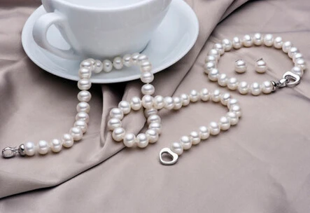 Женский свадебный Шарм Jew.657 набор Жемчужное ожерелье браслет AAA + 8 9 мм белый