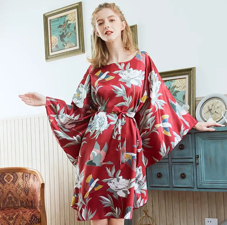 Style 1 Женская ночная рубашка из искусственного шелка, новинка, ночная рубашка с принтом, 6XL, свободная ночная рубашка, одежда для сна с рукавом «летучая мышь», домашняя одежда - Цвет: Style 1