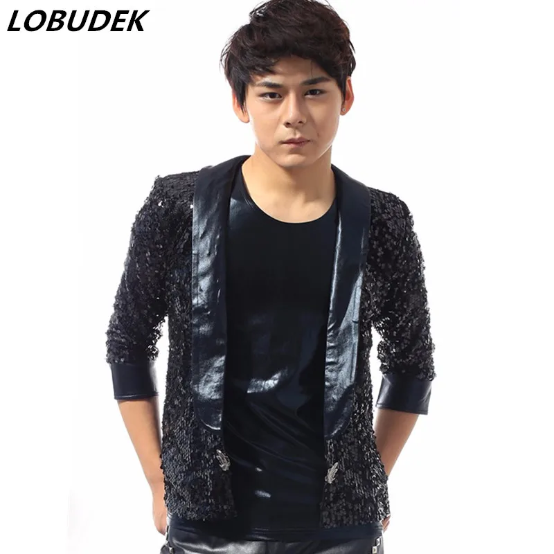 

Tide Male Black Sequins Jacket Coat Bar Nightclub Punk Singer DJ DS Costume Dancer Stage Outfit Slim Performance Outerwear