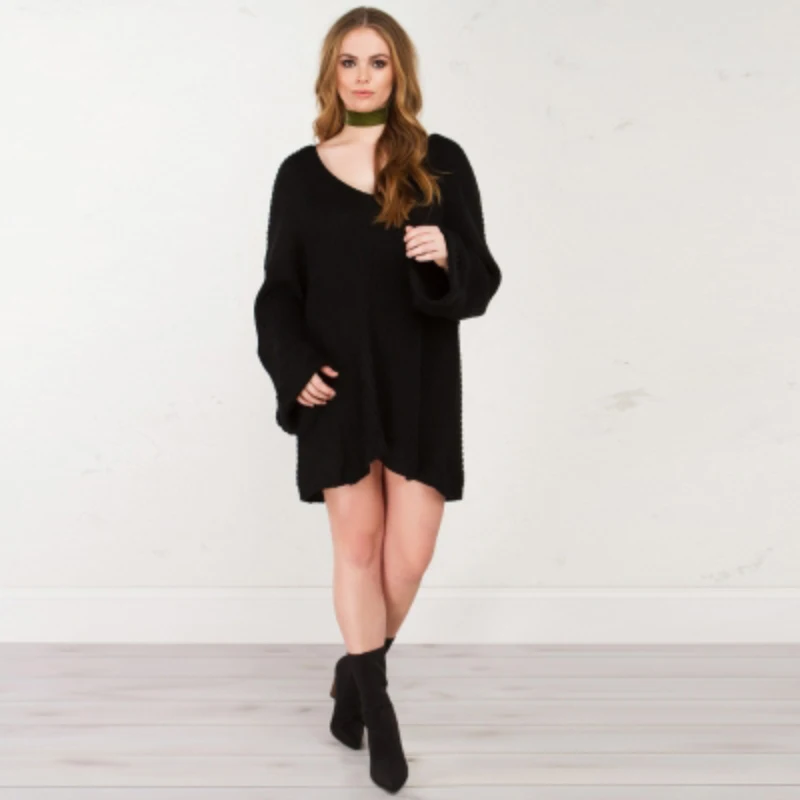 Свитер женский свободный черный с глубоким вырезом 4XL 5XL 6XL 2017 осень | Женская