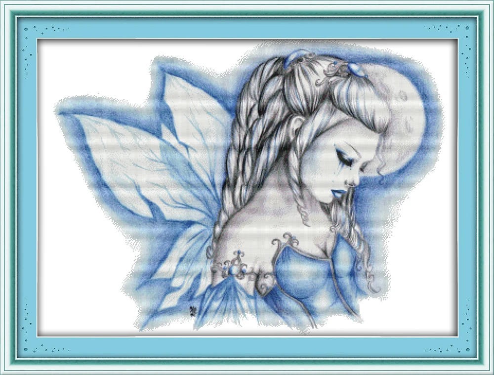 Blue fairy beauty girl painting counted printed on canvas DMC 14CT 11CT chinese Cross Stitch Embroidery kits Needlework Sets | Дом и сад