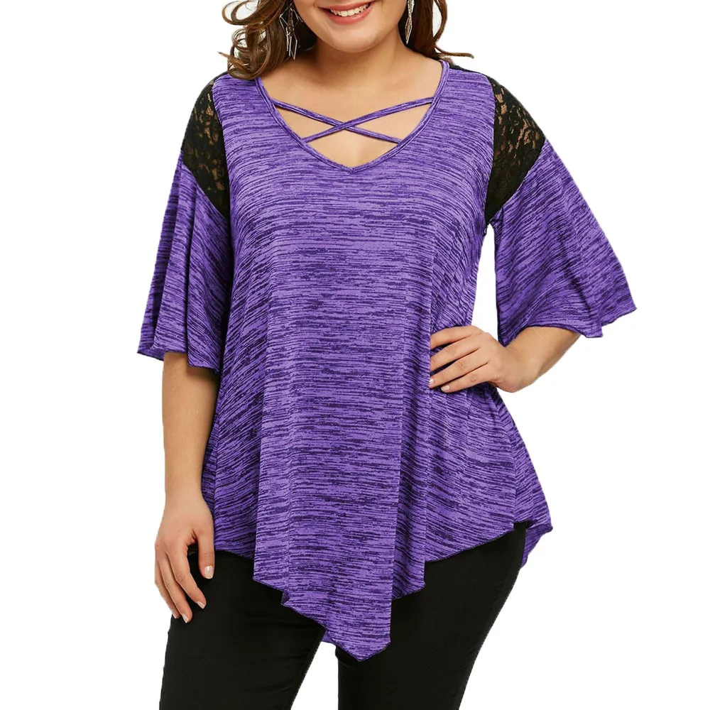 Туника с расклешенным рукавом асимметричная блузка рубашка для женщин Лоскутная