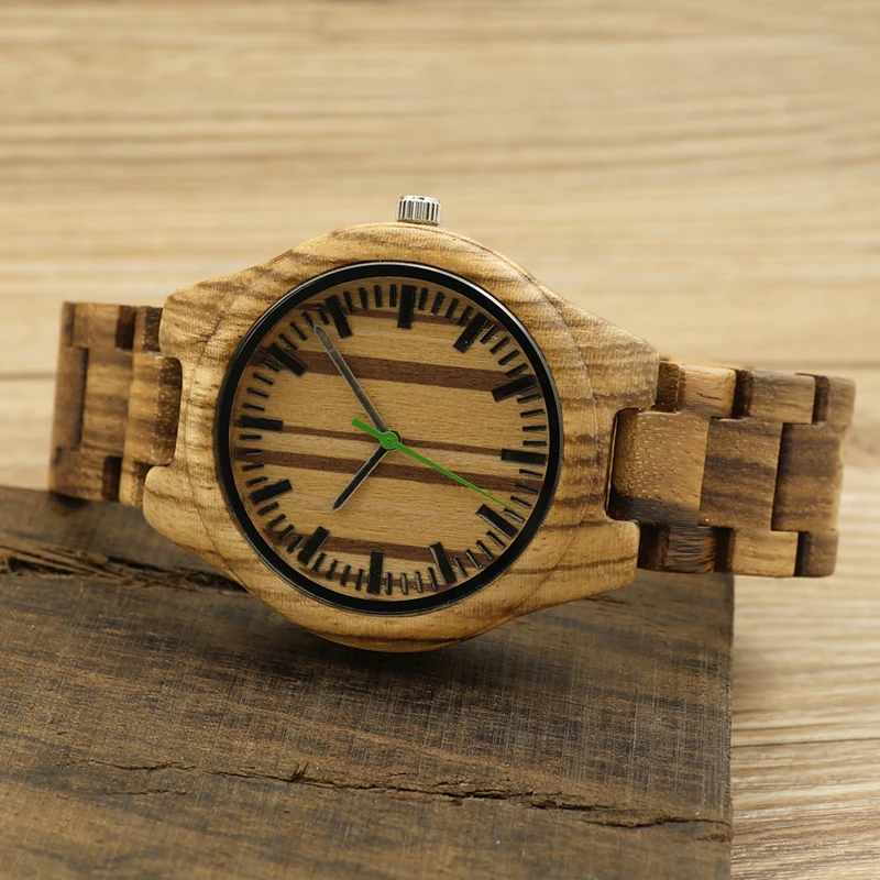 Бобо птица v-k28 Зебра древесины wristwant мужские Стиль дерево циферблат зеленый вторая рука кварцевые часы древесины/кожаный ремешок в подарочная коробка