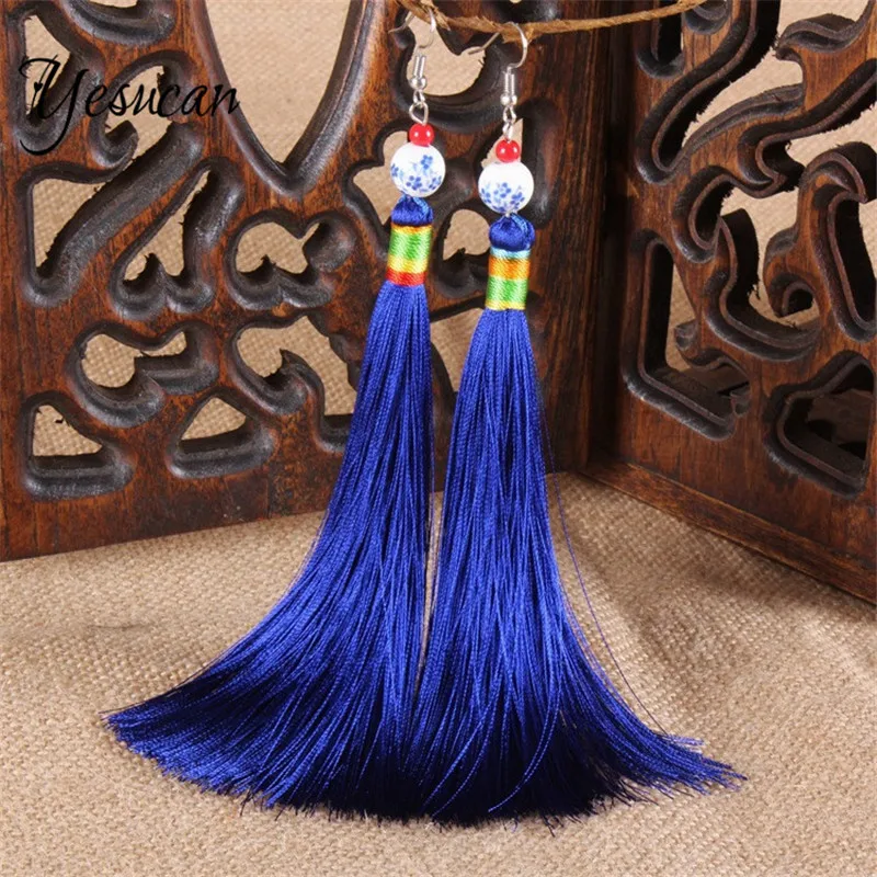 

Винтажные сине-белые фарфоровые серьги Yesucan, этнические серьги с бахромой для женщин, Подвесные серьги, серьги, подарок