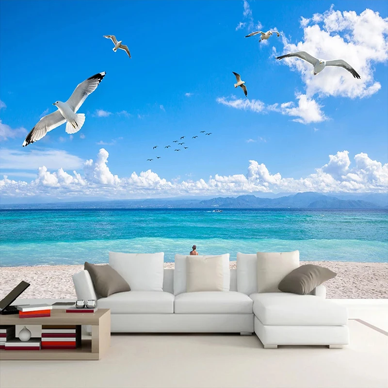 

Custom Mural Blue Sky White Clouds Seagull Beach Scenery 3D Photo Wallpaper Living Room Bedroom TV Background Wall Paper Modern