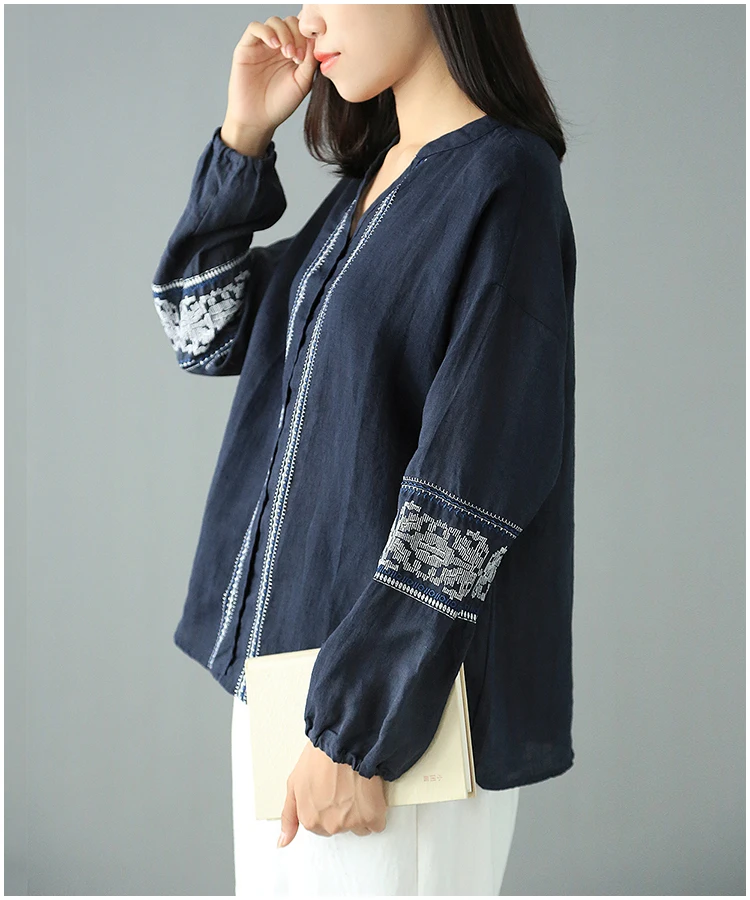 Винтажная Вышивка Пэчворк v-образный вырез с длинным рукавом рубашка блузка