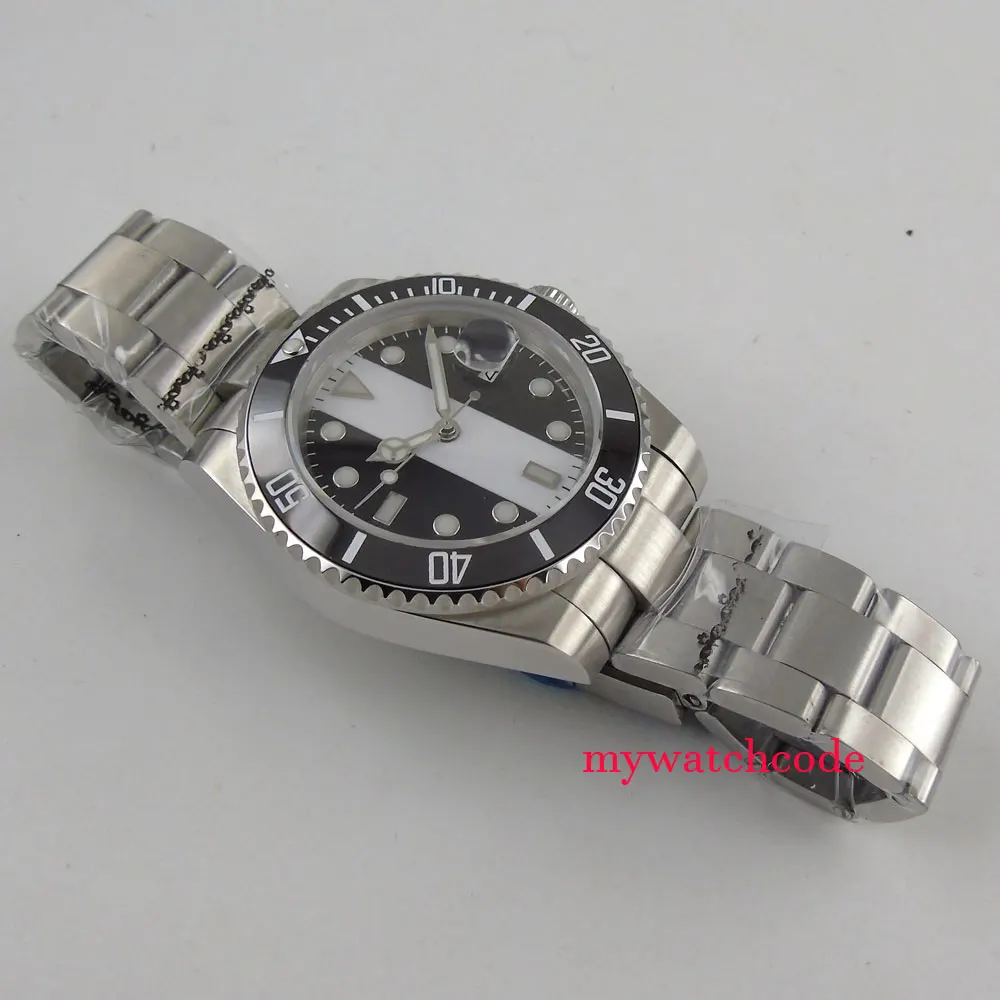 40 мм bliger черный белый стерильный циферблат GMT нержавеющая сталь Ремешок