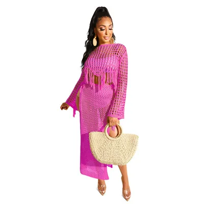 rosy two piece set Adogirl выдалбливают трикотажные комплект из двух частей платье с длинным рукавом кисточкой укороченный топ с высоким разрезом макси юбка Повседневная Женская одежда Пляжная одежда - Цвет: rosy two piece set