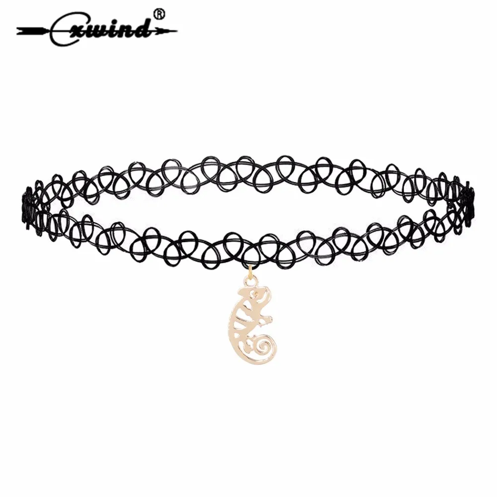 

Cxwind Vintage Lace Choker Necklaces For Women Cute Lizard Animal Pendant Necklace Iguana Girls Black Chocker Collares