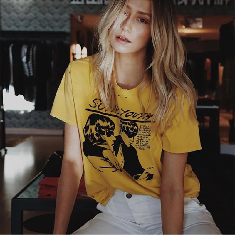 Желтая хлопковая Футболка с дырками женская футболка графическим принтом и