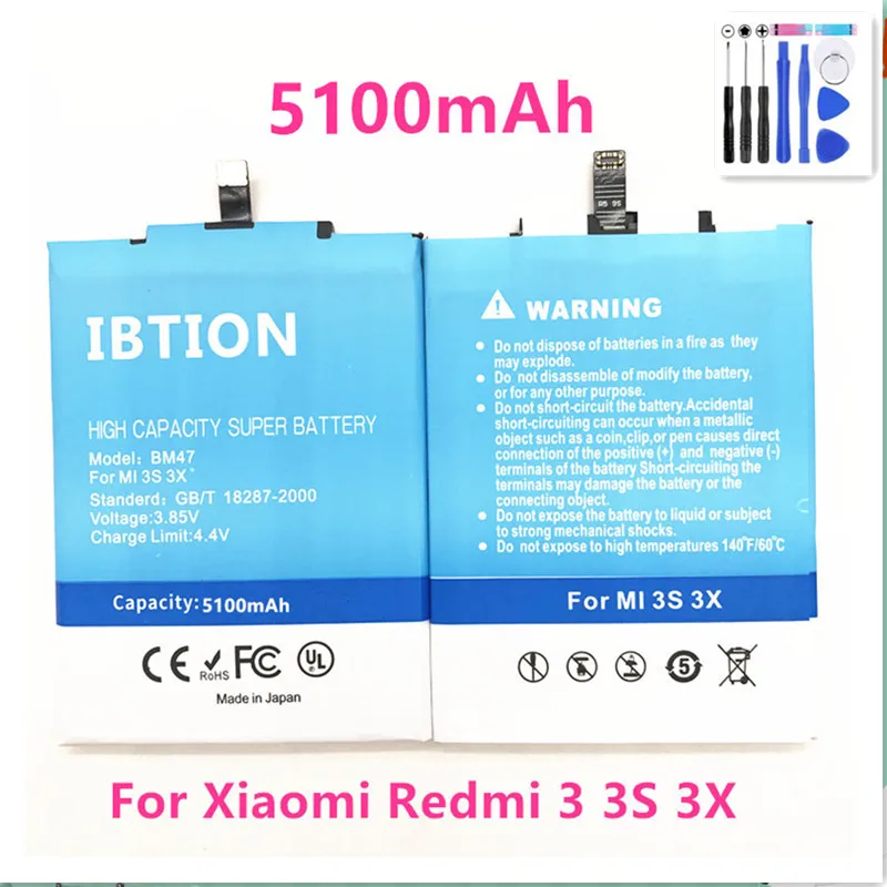 Аккумулятор IBTION 5100 мАч BM47 для Xiaomi Redmi 3 3S 3X Xiao mi Hongmi 4x + Инструменты|Аккумуляторы