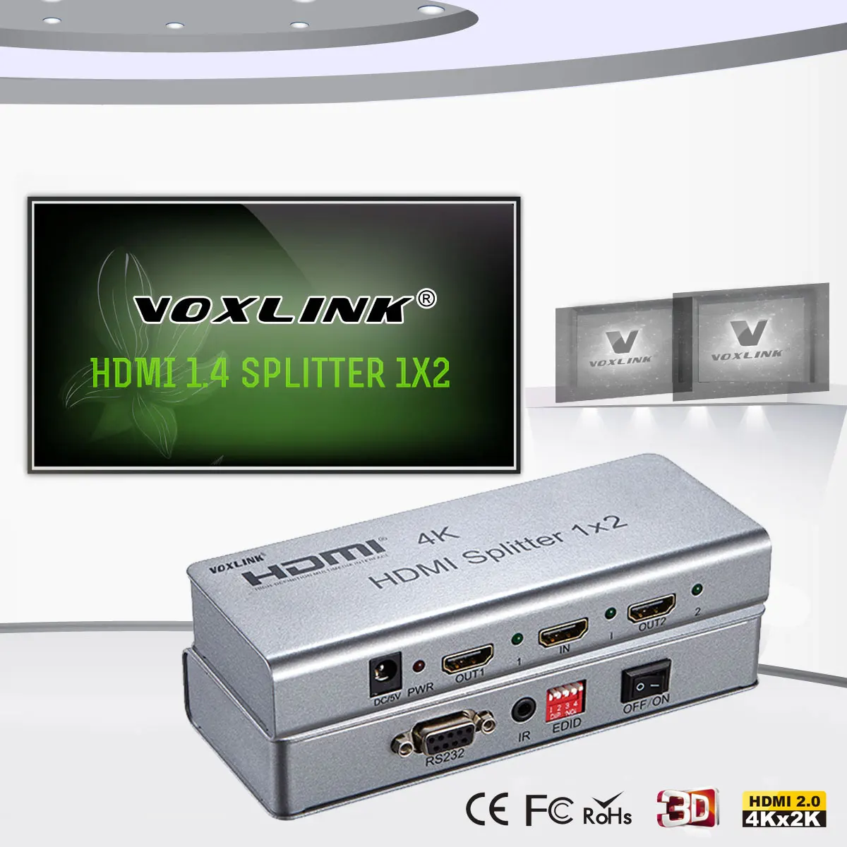 Voxlink Ultra HD 4 К версия V1.4 HDMI Splitter 1x2 1-2-out Поддержка EDID управления ИК расширение hdcp1.4