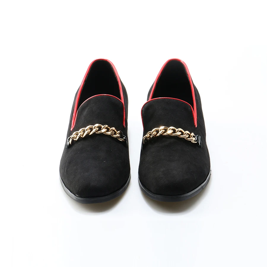 구매 OKHOTCN 블랙 스웨이드 가죽 남성 로퍼 골드 체인 웨딩 파티 남성 캐주얼 신발 Somking 슬리퍼 빅 사이즈 남성 플랫