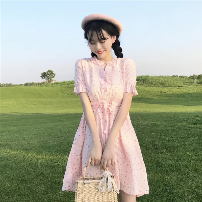 

Summer new women's 2018 Korean style fresh high waist was thin long short-sleeved students casual cute sweet Lolita Dress