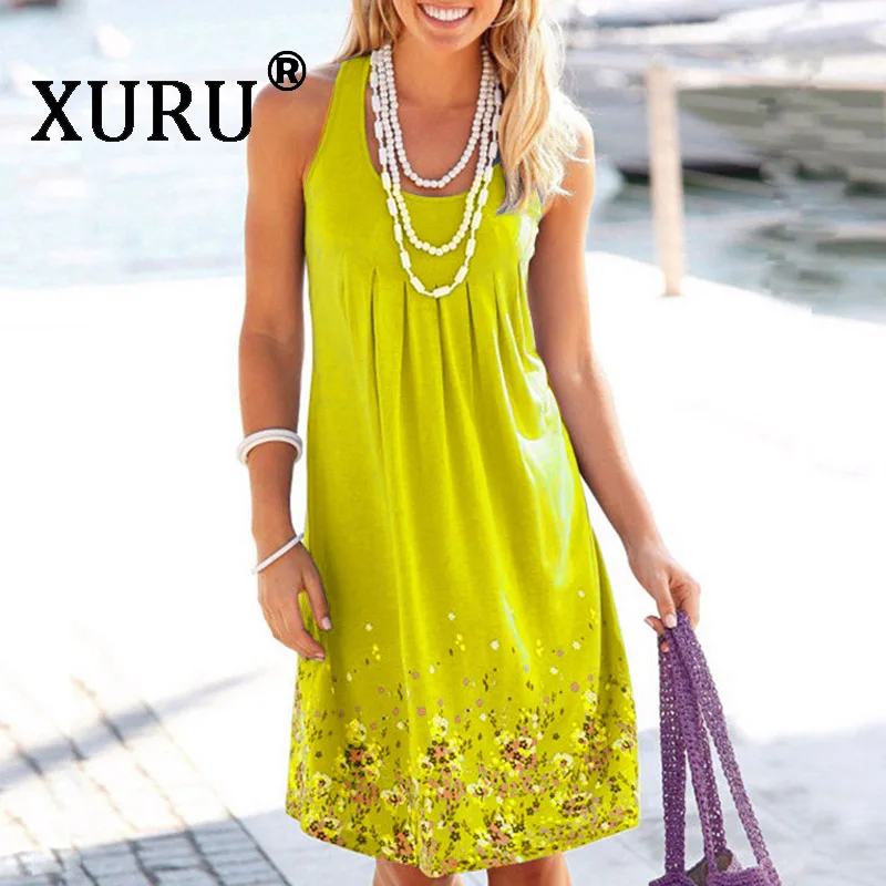 

XURU Summer Women Floral Dress O neck Sleeless Tank Dresses Casual Minimalist Dress S-5XL