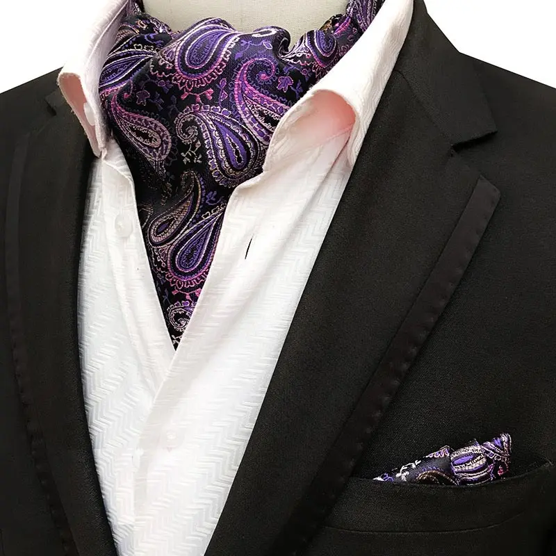Newest Men's Cravat Tie Set Handkerchief Silk Paisley Jacquard Ascot Necktie Sets Pocket Square for Business Wedding Party