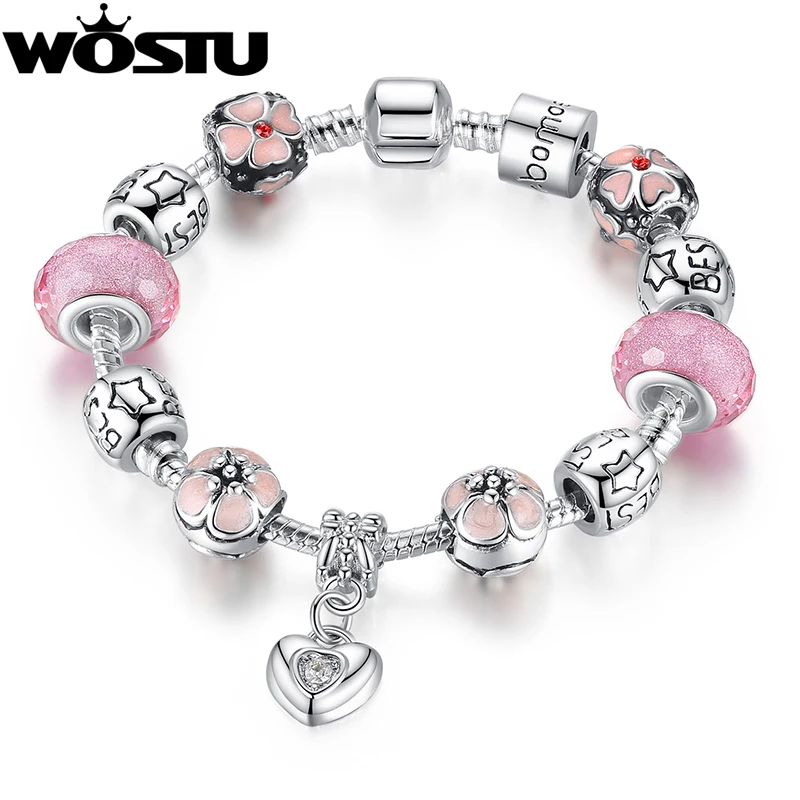 WOSTU Романтический посеребренный цветок сердце Шарм бусы браслет DIY ювелирные