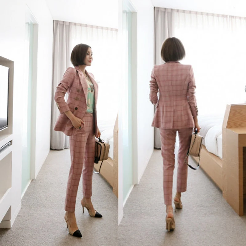 

Work Office Pants and Jackets 2 Pieces Women Blazer Suit 2020 Autumn Vintage pinkPlaid Business Formal Suits For Women