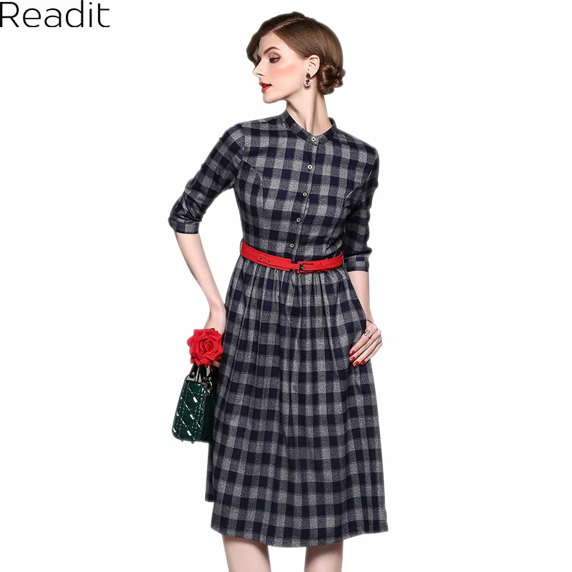 Readit платье в клетку 2017 осень-зима Plaid классический 3/4 рукав небольшой стенд