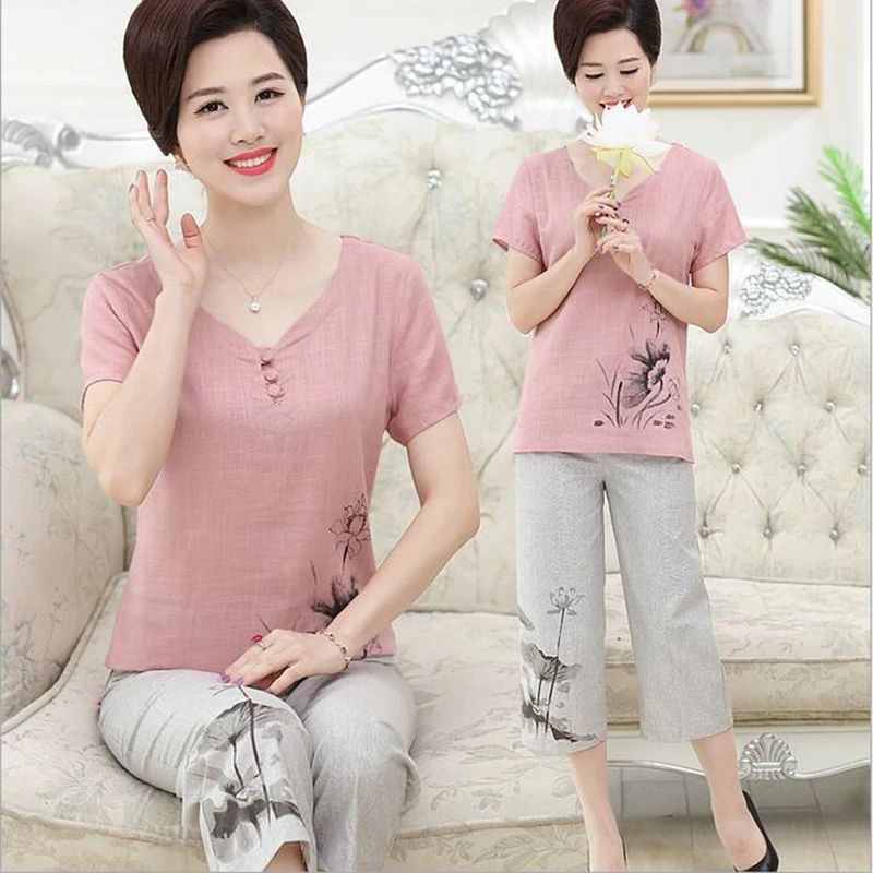 Летний комплект из 2 предметов для пожилых женщин новинка 2017 года Модный