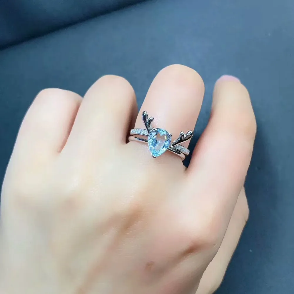 

Fine 925 Sterling Silver Deer Antlers Open Ring Fashion Girls 2pcs Set Ring with Natural Aquamarine Gems Women Bridal Set Rings