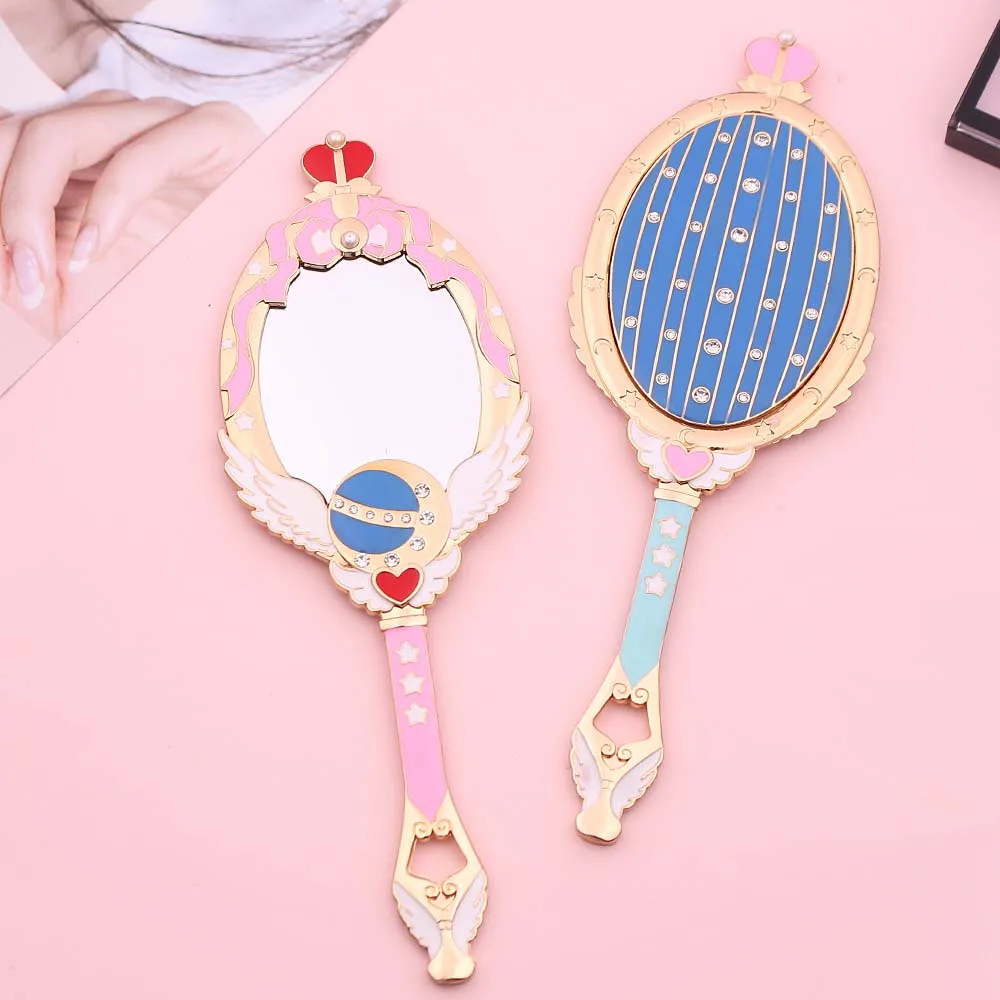 Sailor Moon, металлическое овальное ручное зеркало для макияжа, для девушек, короны-зеркала, косметический комод, инструмент для макияжа, розовое, синее зеркало с кристаллом
