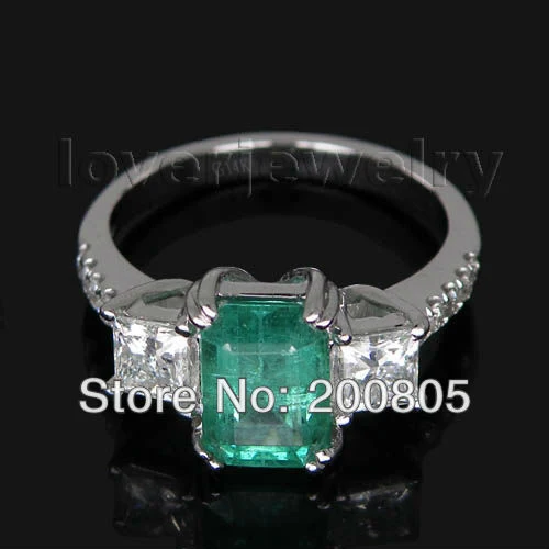 LOVERJEWELRY Винтажное кольцо с натуральным изумрудом тремя камнями 14 карат белое