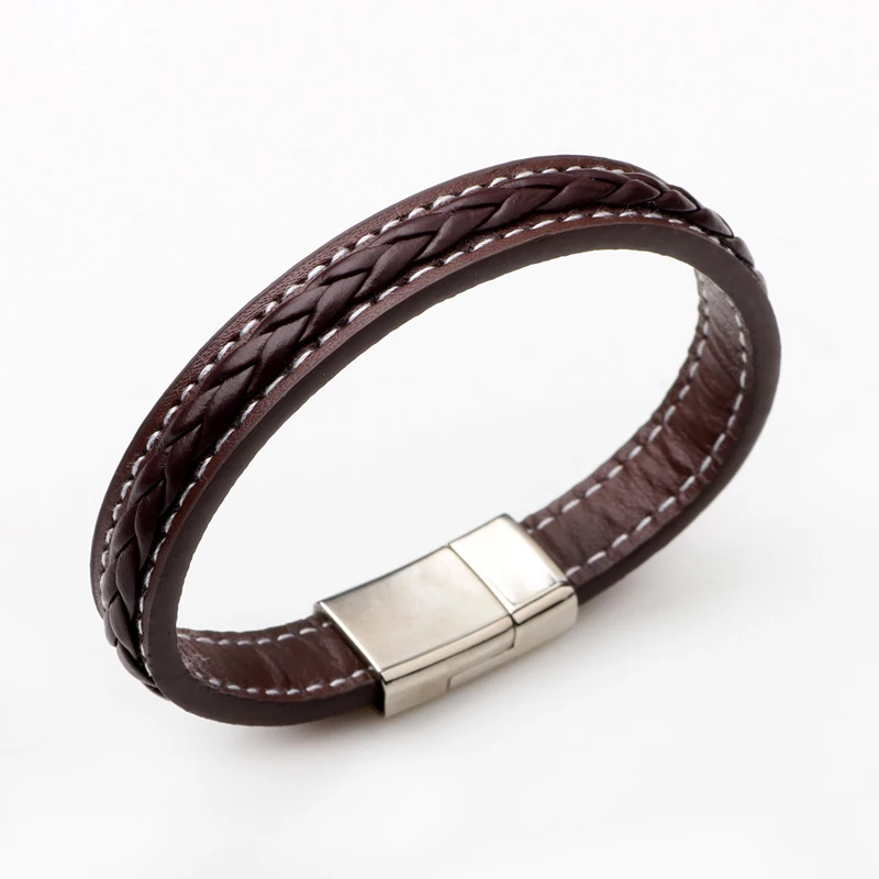 Vintage Black Brown Genuine Leather Bracelet Men Magnet Clasp Stainless Steel Cuff Bracelets Bangles Male Fashion Jewelry|leather bracelet|leather