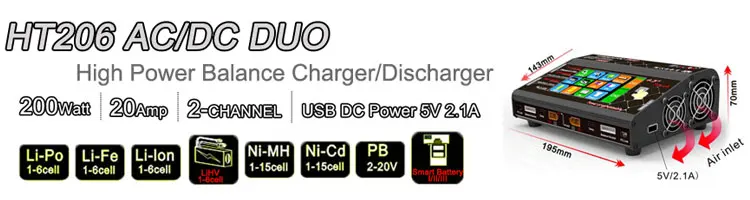 HTRC HT206 RC Баланс Зарядное устройство AC/DC DUO 200 Вт* 2 20A* 2 двухпортовый 4," цветной сенсорный ЖК-экран для Lilon/LiPo/LiFe/LiHV батареи