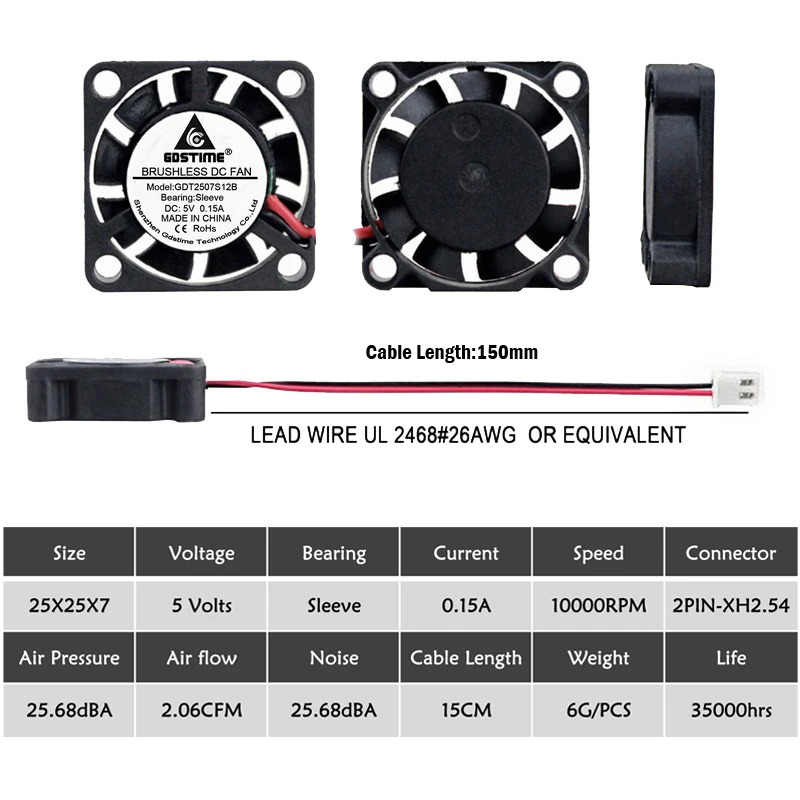 5 шт. Gdstime 2507 DC 5V втулка подшипника 2PIN XH2.54 Вентилятор охлаждения 25 мм x 7 охлаждающий