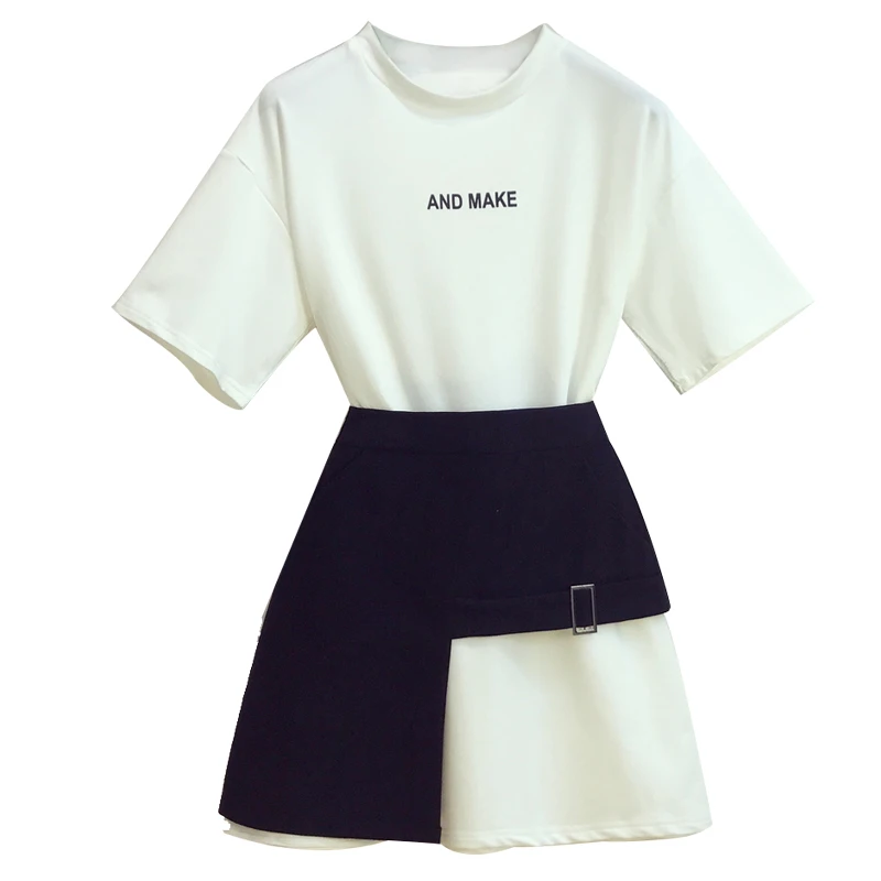 

2021 Summer Women Short Sleeves Letter Cotton T-shirt + Irregular Black Skirt 2 pcs sets Student Casual Suits