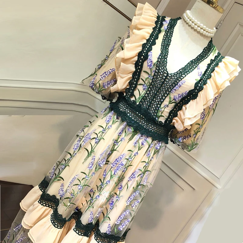 Red RoosaRosee Designer Runway Women Sexy V Neck Elegant Flower Embroidery Luxury Party Dress Lace Midi Mesh Vestidos Robe Femme