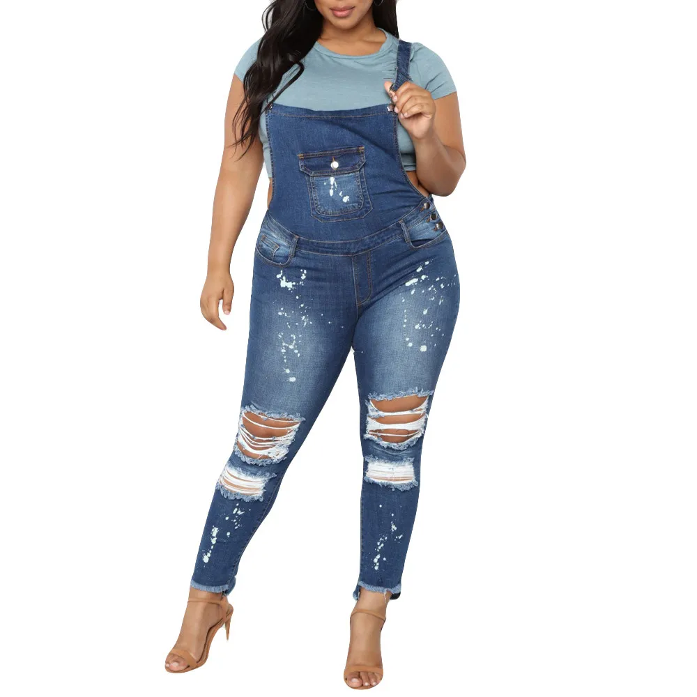 

Fashion Women's Jumpsuits Jeans Bodysuits Rompers Hole Bib Overall Ripped Denim Pants Plus Size Trouser combinaison femme