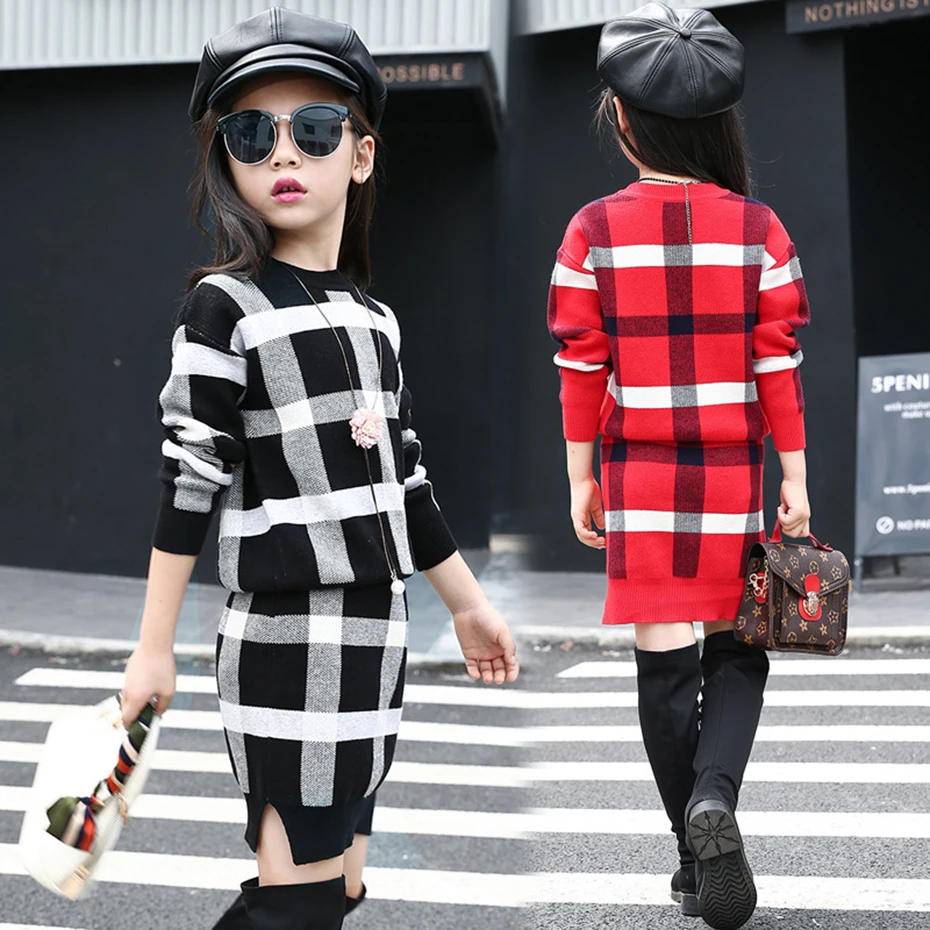 Свитер и штаны для девочек повседневный комплект одежды в клетку кофта с длинным