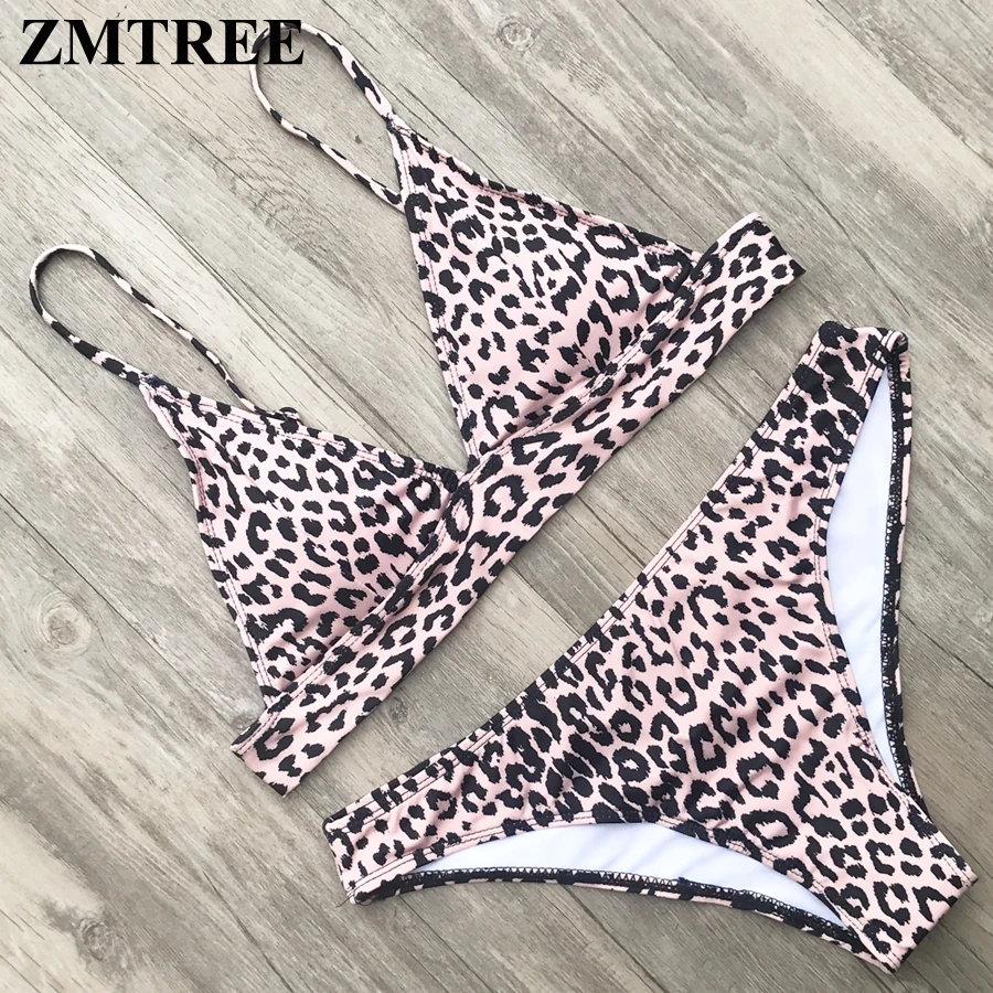 

ZMTREE Deep V Neck Bathing Suit Women Swimwear Leopard Print Bikinis Swimsuit Set Push Up Biquini 2019 Sexy Mujer Maillot Debain